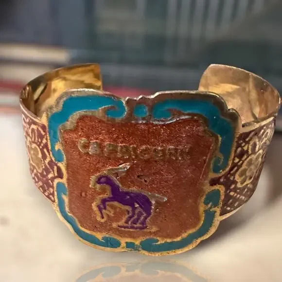 Vintage Brass Hand Painted CAPRICORN Zodiac Astrology Cuff Bracelet - Picture 2 of 7